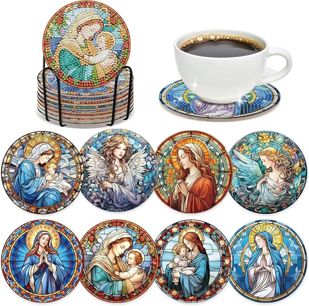 Christian Diamond Art Coasters - 8 Pcs DIY Non Slip Religions Diamond Painting Coasters Kits Our Lady Colorful Glass Art Craft Table Decor Birthday Inspirational Easter Gift for Beginners Adults